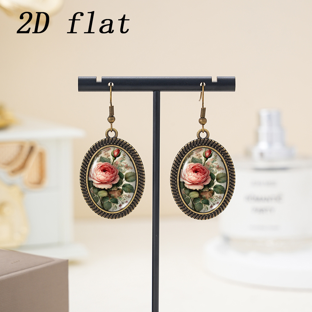 Retro Pink Peony Bud & Green Pendant Dangle Earrings for Men & Women